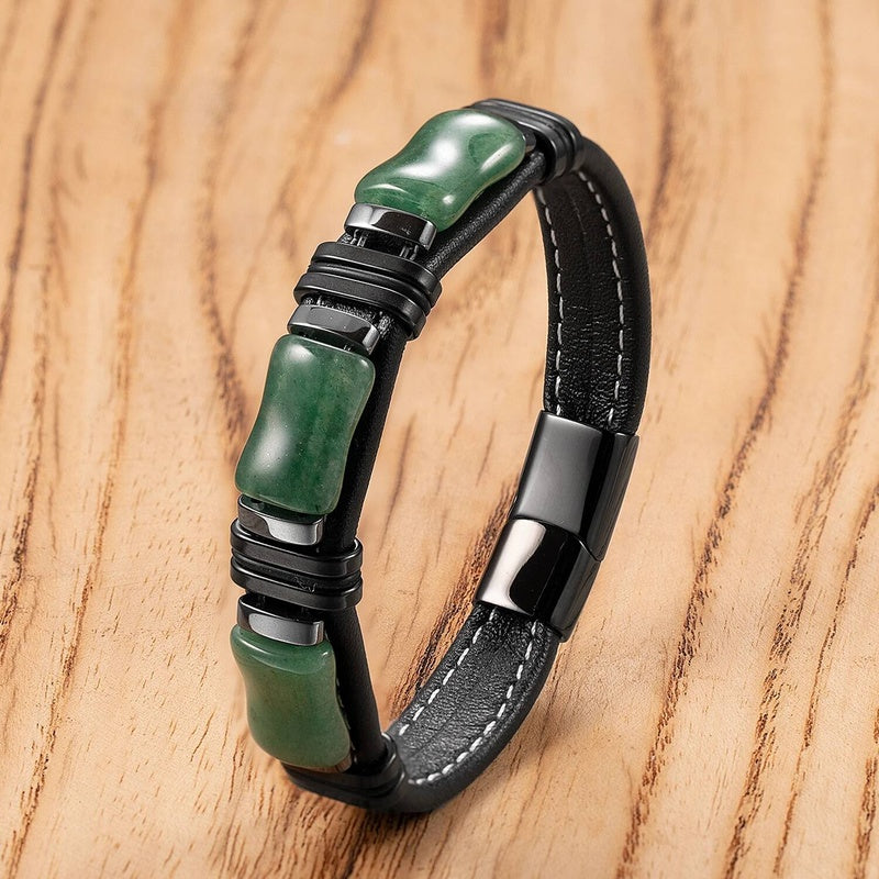 Black Braided Leather Bracelet with Green Jade Beads - Stylish Multi-Layer Magnetic Clasp Jewelry for Casual Wear and Gifts Style-C