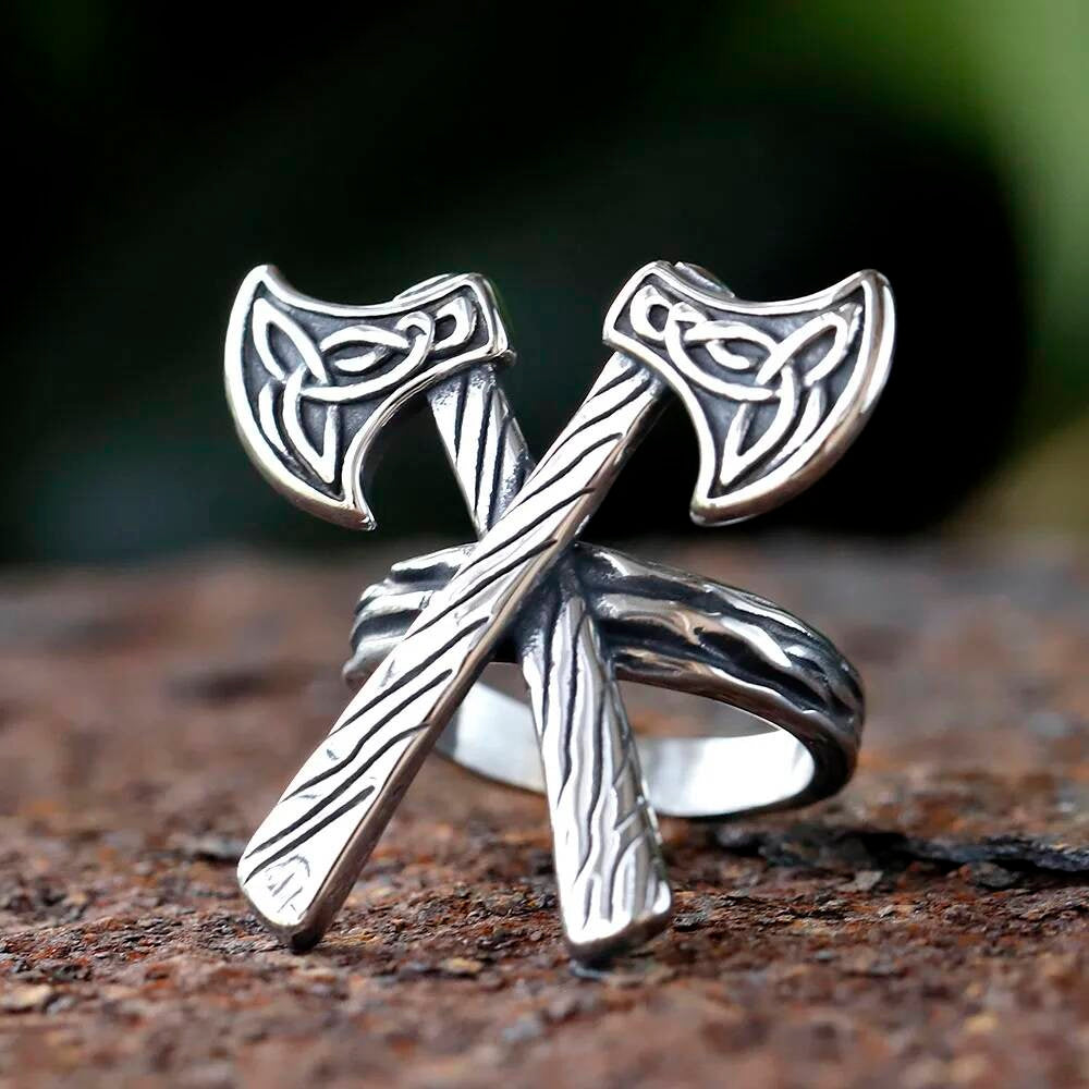 Celtic Wolf Axe Ring – 316L Stainless Steel Norse Amulet Band As Shown