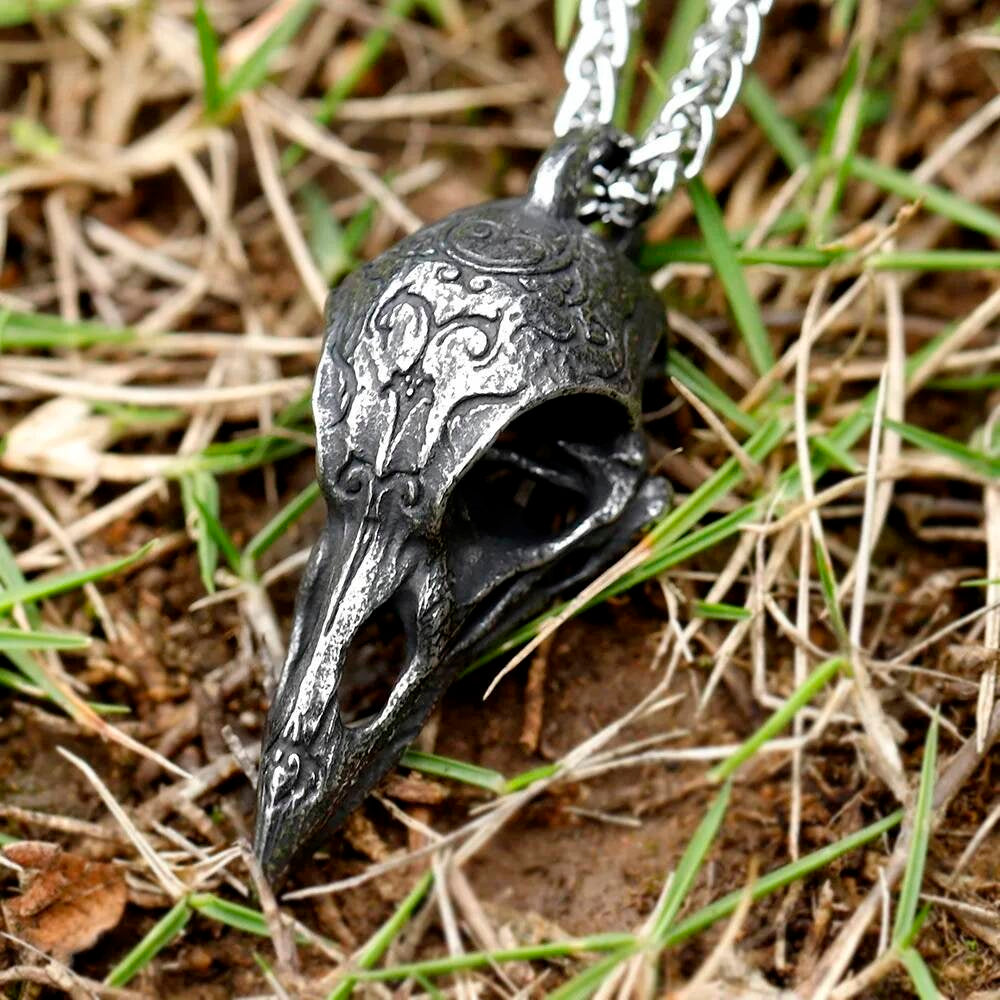 Bird Skull Pendant Necklace, Silver Gothic Jewelry with Intricate Detailing