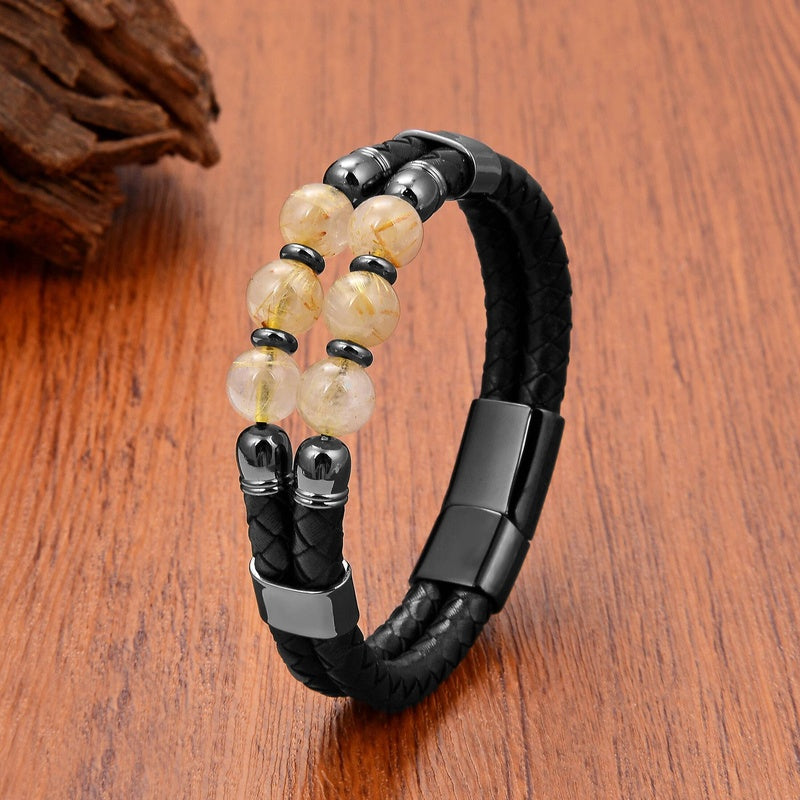 Black Braided Leather Bracelet with Green Jade Beads - Stylish Multi-Layer Magnetic Clasp Jewelry for Casual Wear and Gifts Black-Hair Crystal