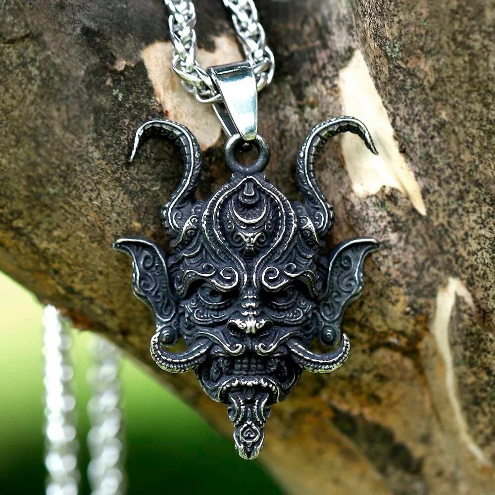 Demon Mask Pendant Necklace – Gothic Stainless Steel Oni Jewelry