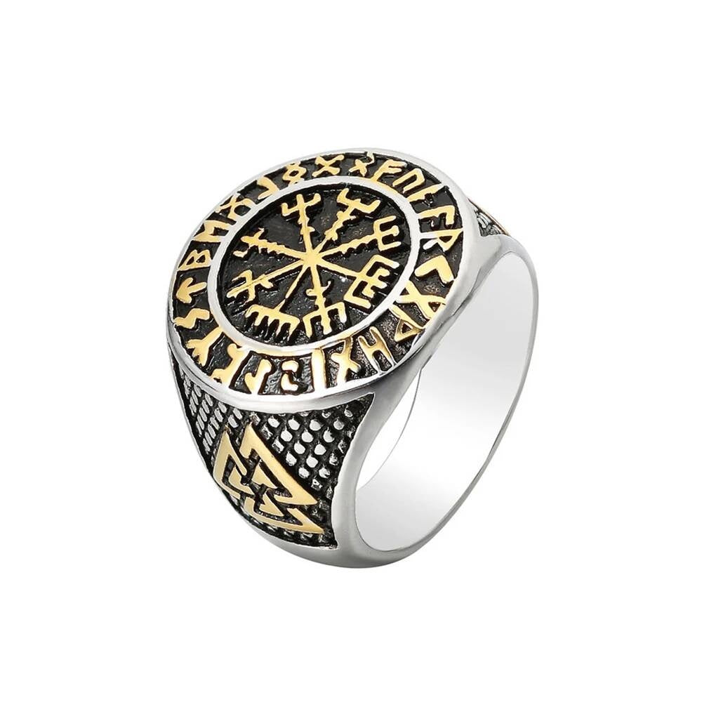 Vintage Viking Compass & Valknut Ring – 316L Stainless Steel Amulet Band Style B
