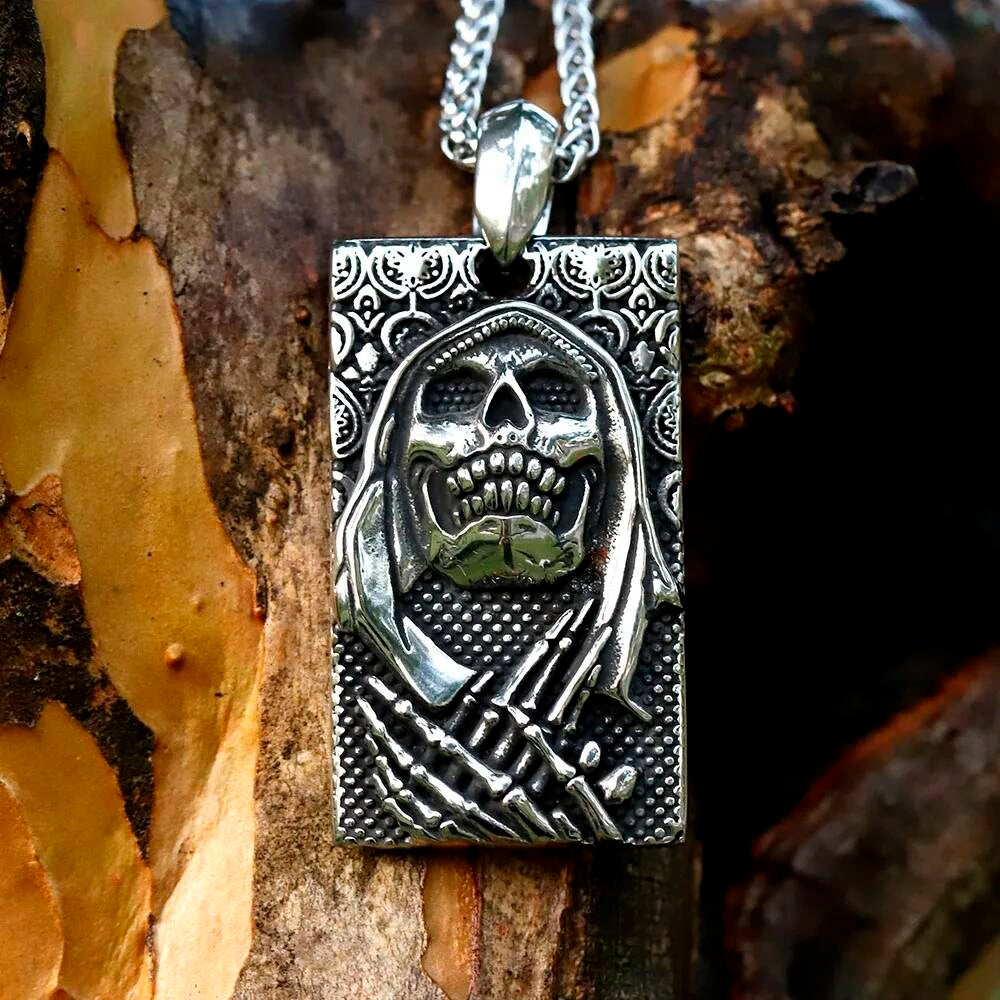 316L Stainless Steel Hooded Skull Rectangle Pendant Necklace Men