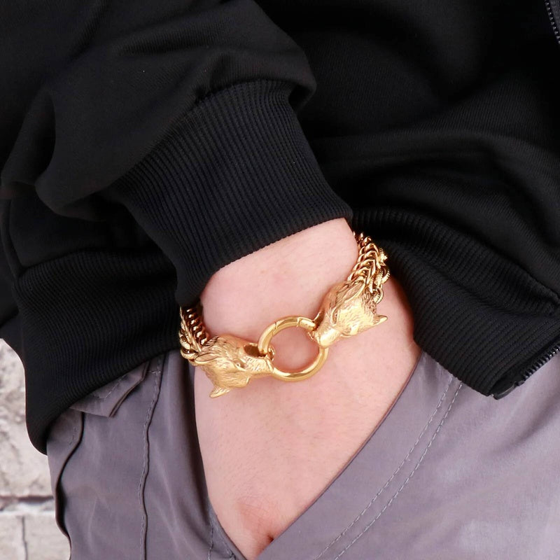 Multi-Color Wolf Bracelet Men Stainless Steel 316L Animal Head Bone Double Layer Chain Jewelry