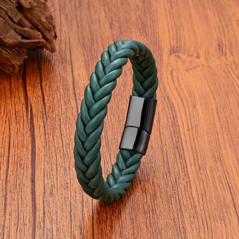Black Braided Leather Bracelet with Green Jade Beads - Stylish Multi-Layer Magnetic Clasp Jewelry for Casual Wear and Gifts Green Leather-Black