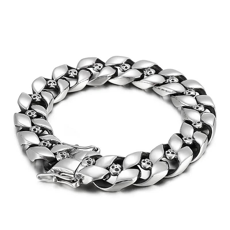Cuban Link Chain With Skull Charm Bracelet Men Punk Jewelry Steel Color