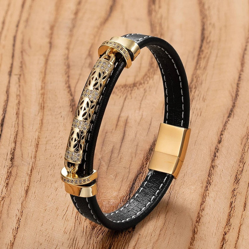 Men's Black Leather Diamond Accent Bracelet for Elegant Gifts Gold-D