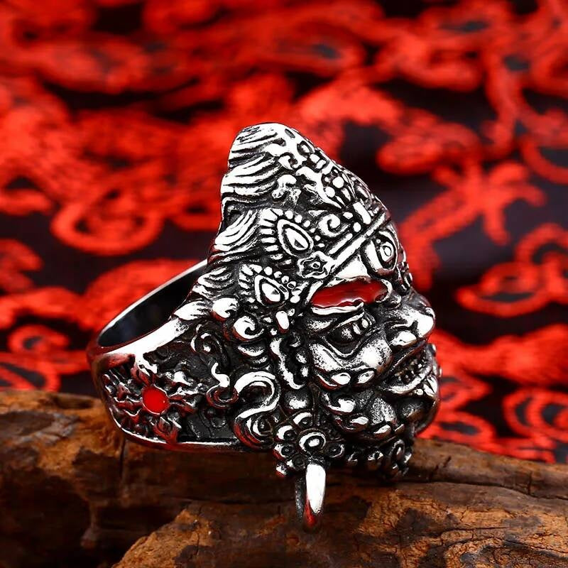 Tibetan Guardian Deity Ring – Stainless Steel Warrior Mask Jewelry