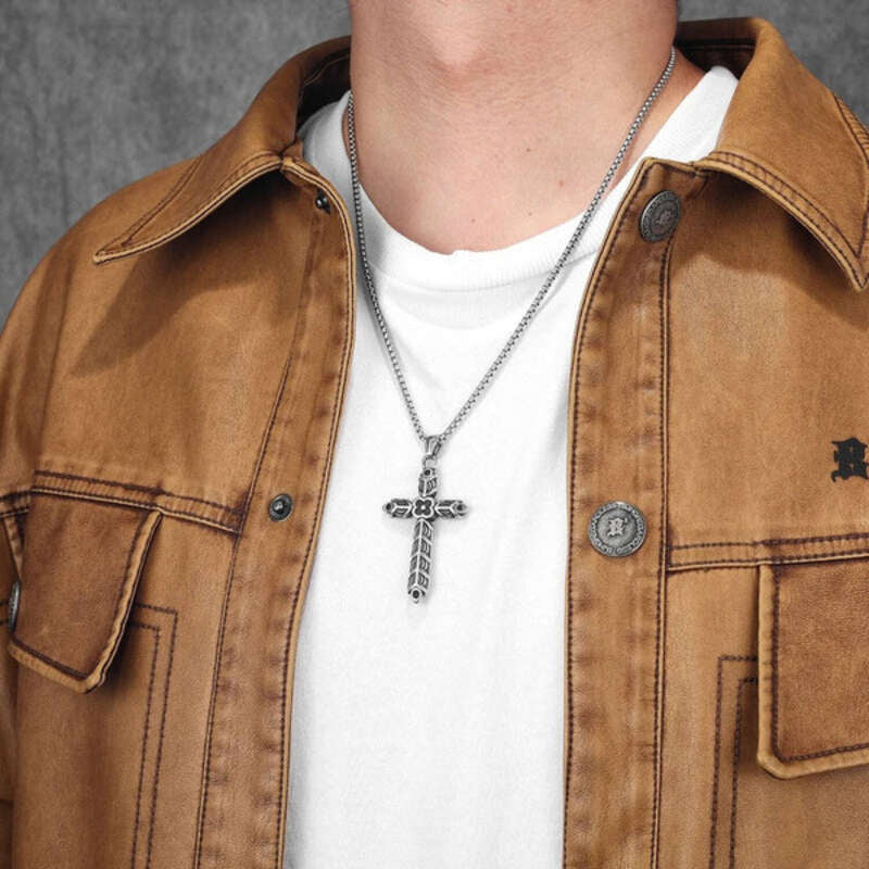 316L Stainless Steel Flower Cross Pendant Necklace for Men