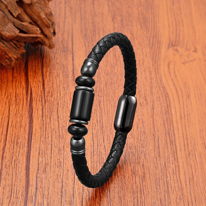 Black Braided Leather Bracelet with Green Jade Beads - Stylish Multi-Layer Magnetic Clasp Jewelry for Casual Wear and Gifts Black Agate