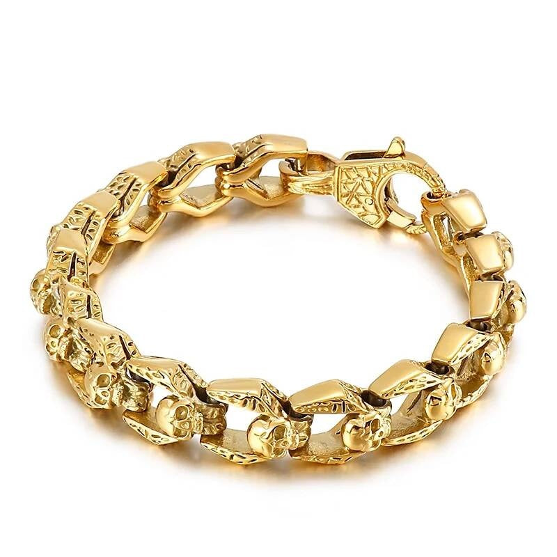 316L Stainless Steel Evil Skull Chain Bracelet Men Demon Ghost Punk Wristband Jewelry Gold Color 21.5cm