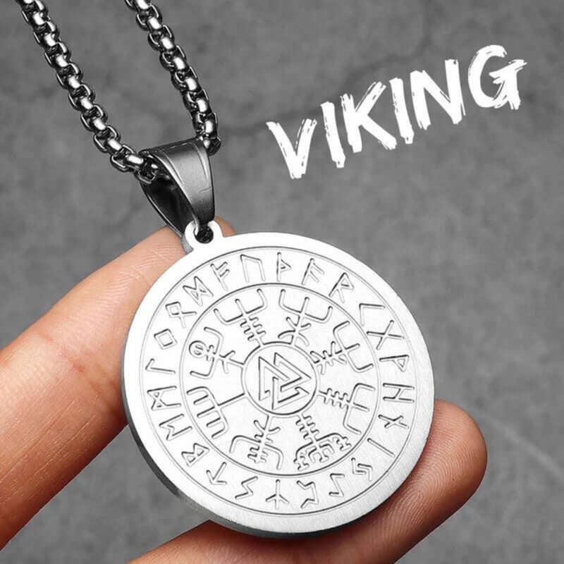 Men’s Viking Rune Valknut Pendant Necklace – 316L Stainless Steel Norse Amulet N1476-60cm chain-S