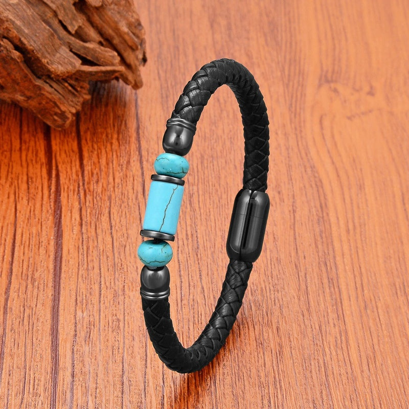 Black Braided Leather Bracelet with Green Jade Beads - Stylish Multi-Layer Magnetic Clasp Jewelry for Casual Wear and Gifts Turquoise