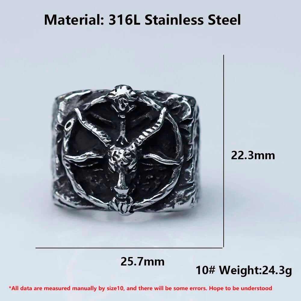 Skull and Ram Horn Ring - Gothic Stainless Steel Men's Biker Jewelry