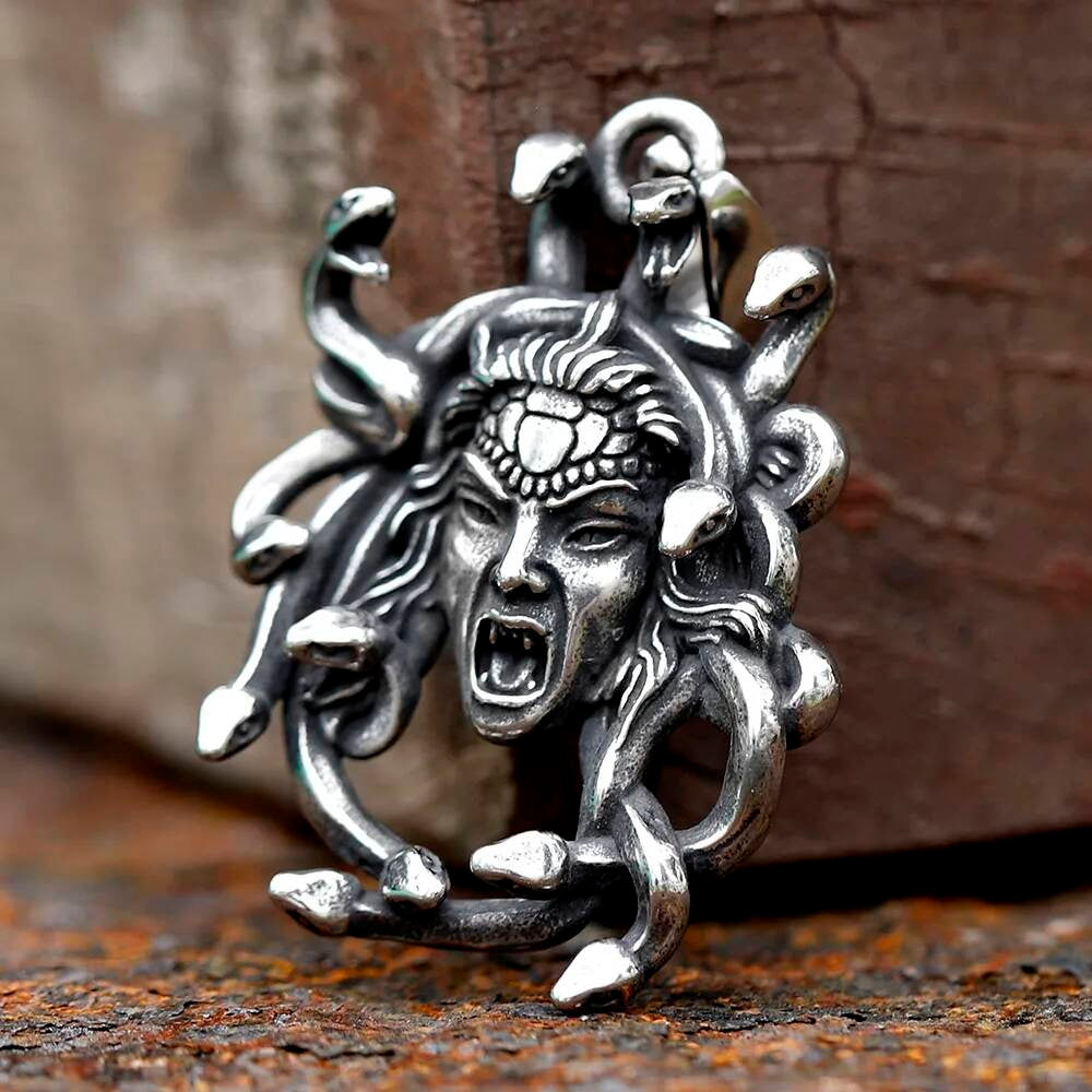 Medusa Pendant Necklace, Silver Gothic Jewelry with Snake Hair Design