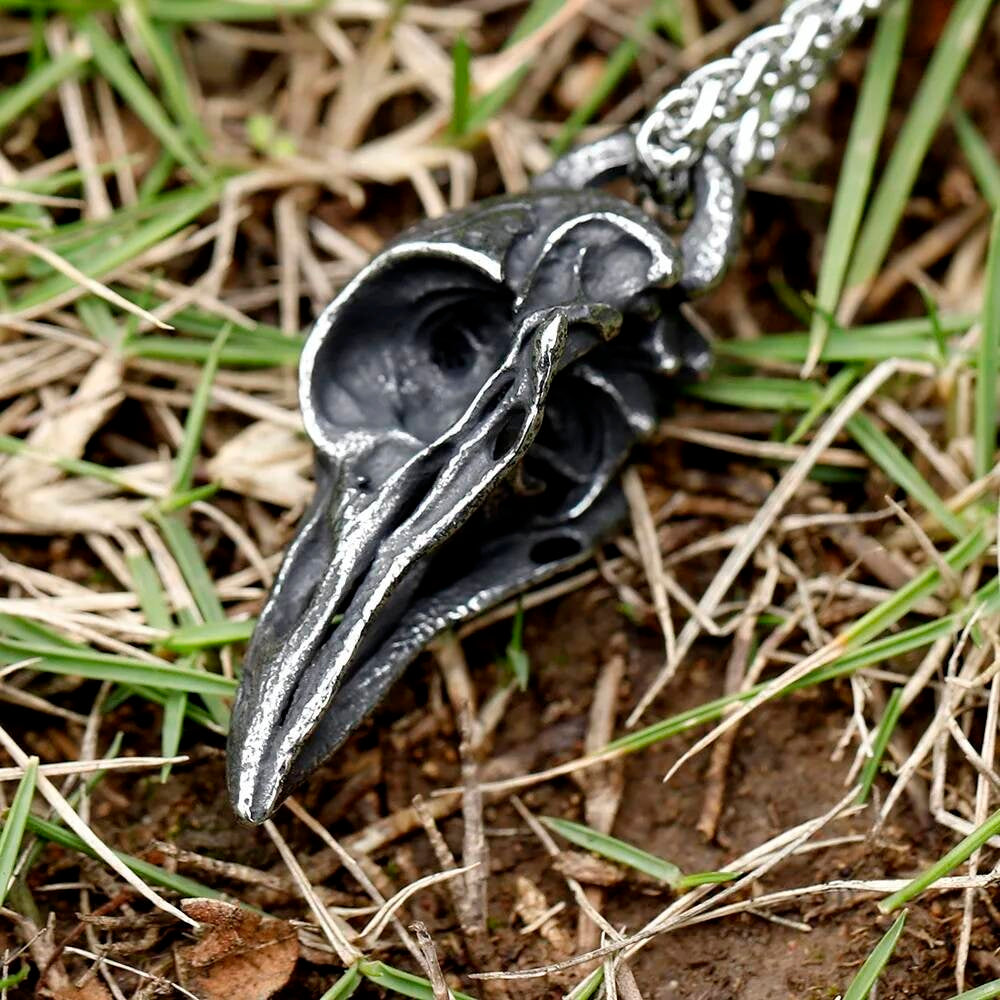 Bird Skull Pendant Necklace, Silver Gothic Jewelry with Intricate Detailing