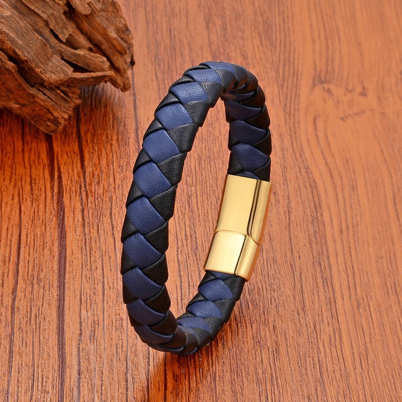 Men's Brown Leather Bracelet for Classic Gifts Gold Buckle-D