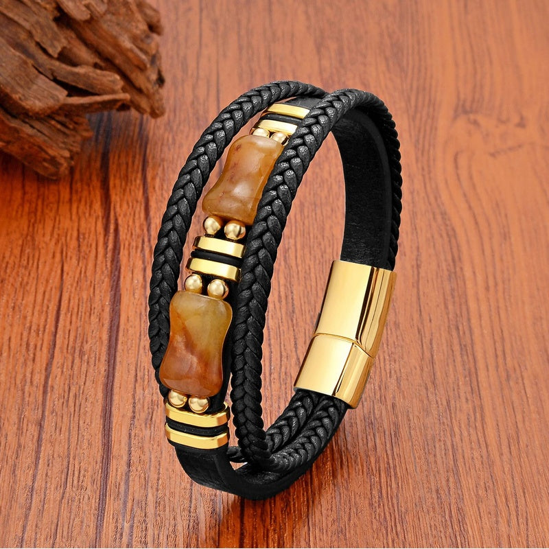 Men's Green Jade Leather Bracelet for Unique Gifts Yellow Stone-Gold