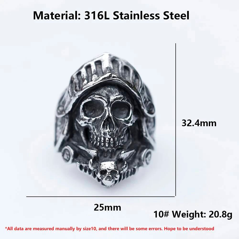 Caarium Skull Biker Ring - Gothic Stainless Steel Punk Jewelry for Teens