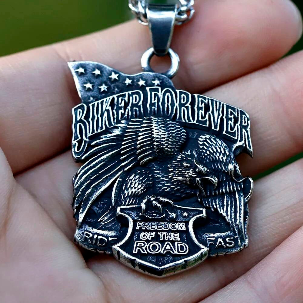 Biker Forever Pendant Necklace – Stainless Steel Eagle & Freedom Emblem