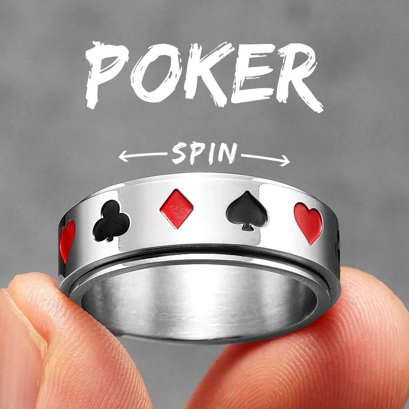 Lucky Poker Fidget Spinner Ring 316L Stainless Steel Punk Jewelry for Men