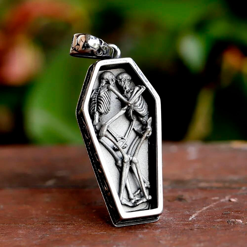 Skeletons in Coffin Pendant Necklace, Gothic Silver Jewelry with Death and Love Symbolism LP-725-Gray CN