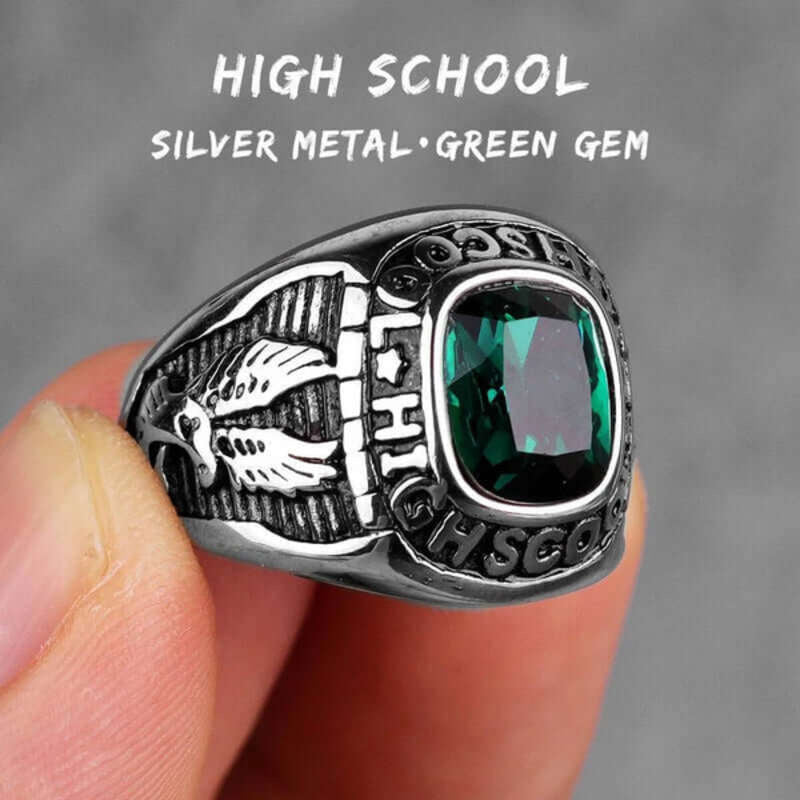 Rhinestone High School Ring - Stainless Steel Vintage Inspired Class Jewelry R427-Silver-Green