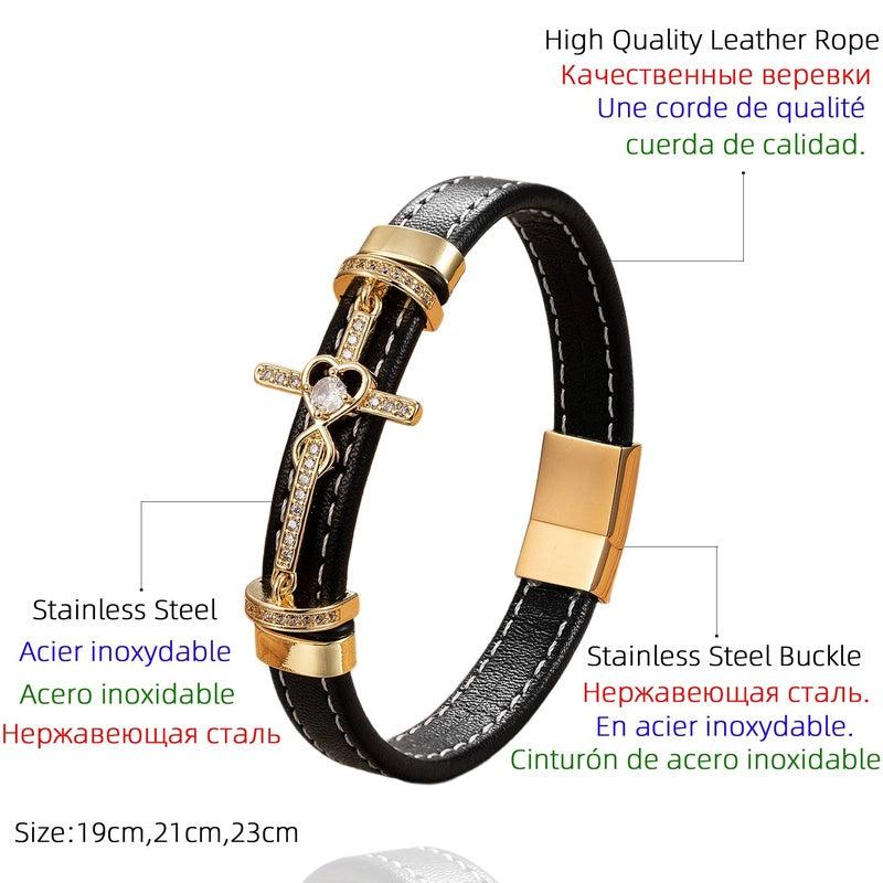 Black Leather Cross with Diamond Bracelet for Faith Gifts