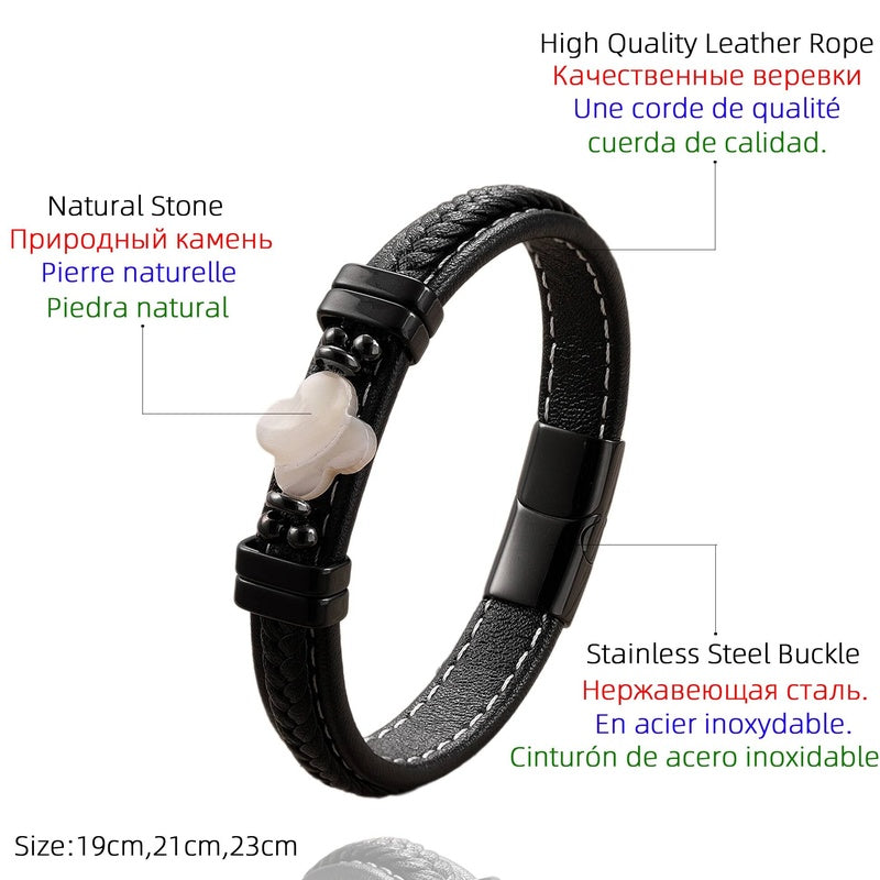 Black Braided Leather Bracelet with Green Jade Beads - Stylish Multi-Layer Magnetic Clasp Jewelry for Casual Wear and Gifts