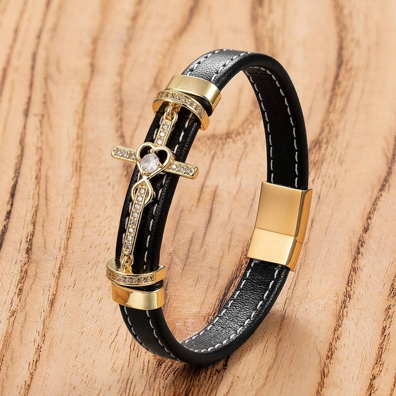 Black Leather Cross with Diamond Bracelet for Faith Gifts Gold-B