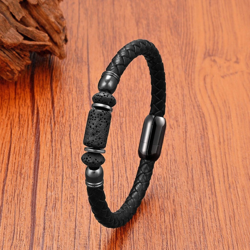 Black Braided Leather Bracelet with Green Jade Beads - Stylish Multi-Layer Magnetic Clasp Jewelry for Casual Wear and Gifts Lava Stone