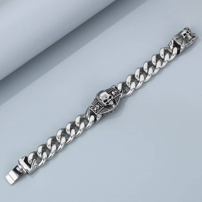 16mm Cuban Chain With Skull Charm Bracelet For Men 316L Stainless Steel Punk Jewelry
