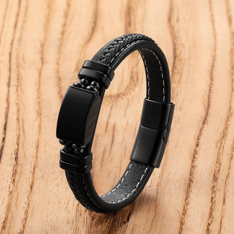 Black Braided Leather Bracelet with Green Jade Beads - Stylish Multi-Layer Magnetic Clasp Jewelry for Casual Wear and Gifts Black Agate