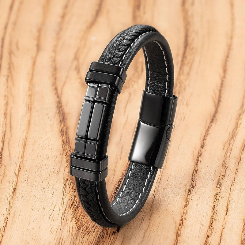Vintage Woven Leather Rope For Men Personality Stone Bangles Bracelets Punk Stainless Steel Wristband Jewelry Gifts Style-D