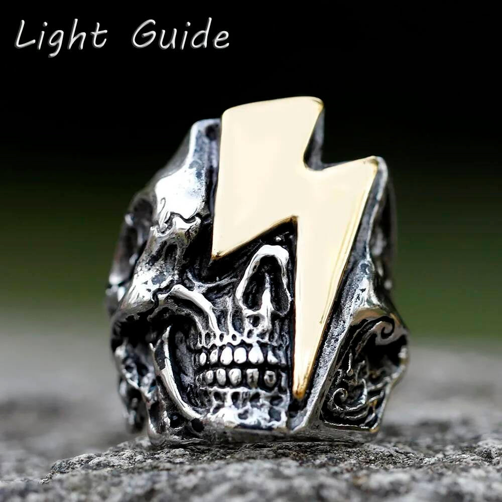 Lightning Skull Ring – 316L Stainless Steel Gothic Punk Statement Band