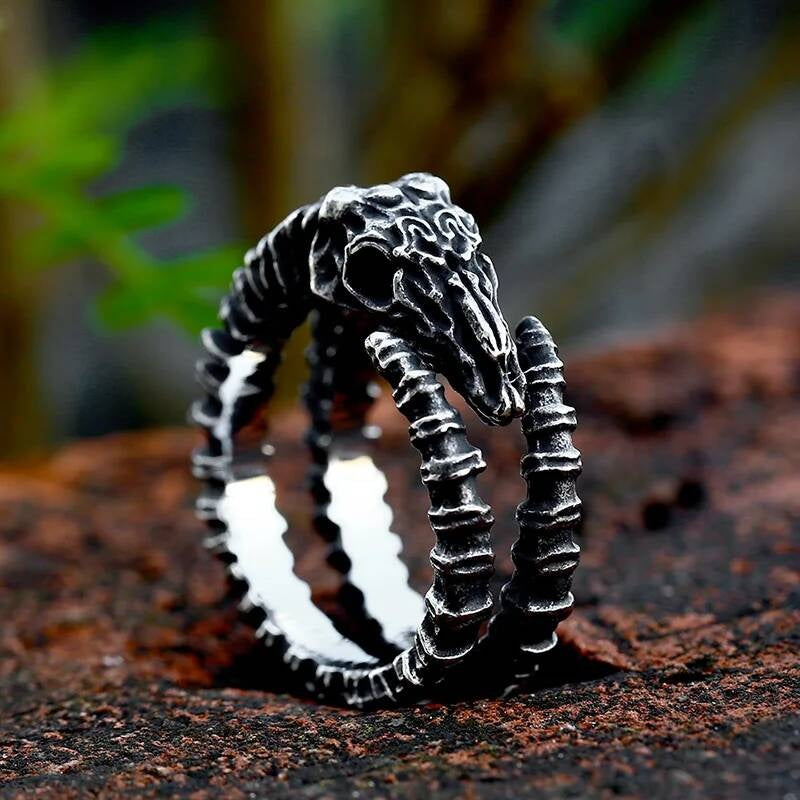 Skull and Ram Horn Ring - Gothic Stainless Steel Men's Biker Jewelry C STYLE