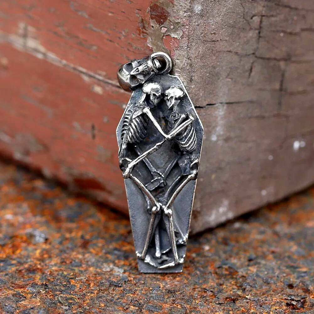 Skeletons in Coffin Pendant Necklace, Gothic Silver Jewelry with Death and Love Symbolism LP-1005 CN
