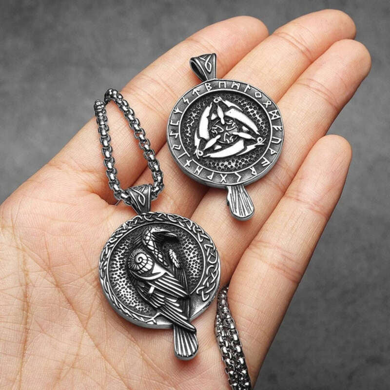 316L Stainless Steel Viking Raven Rune Pendant Necklace – Norse Amulet for Men