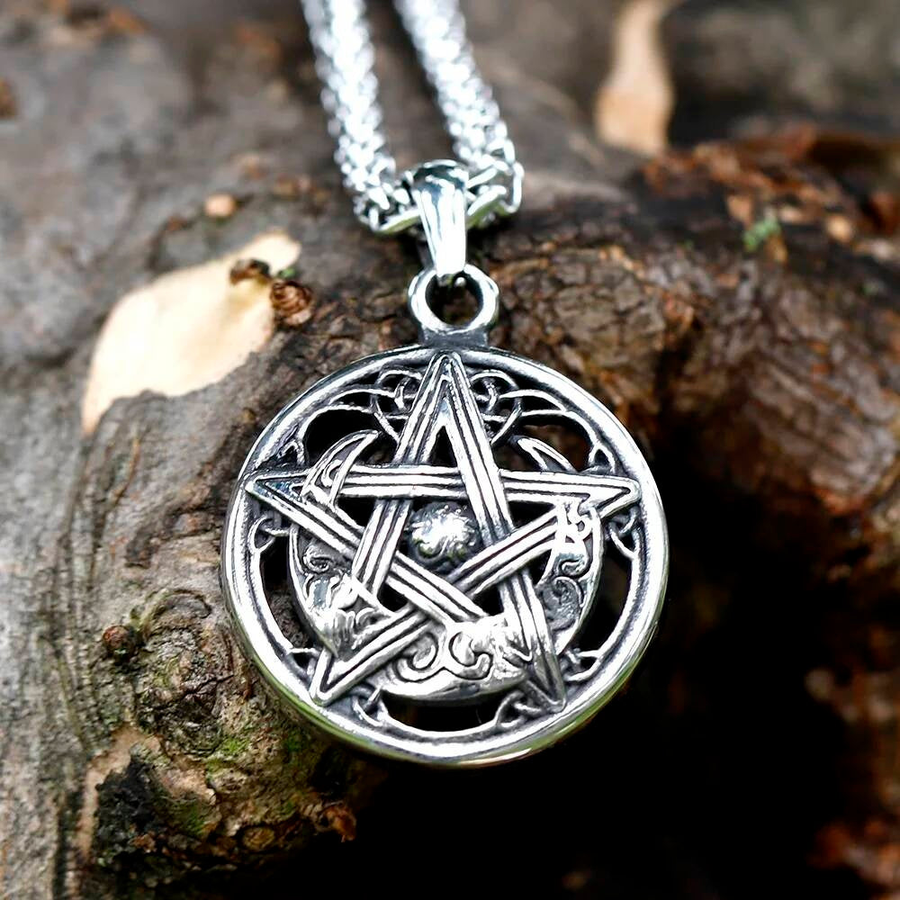 Celtic Pentagram Pendant Necklace - Silver Stainless Steel Wicca Jewelry with Intricate Design