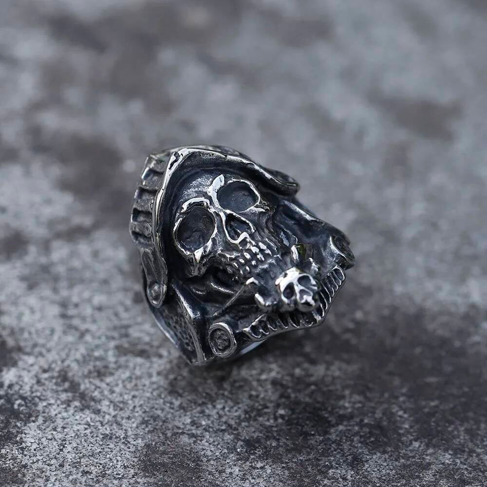 Caarium Skull Biker Ring - Gothic Stainless Steel Punk Jewelry for Teens
