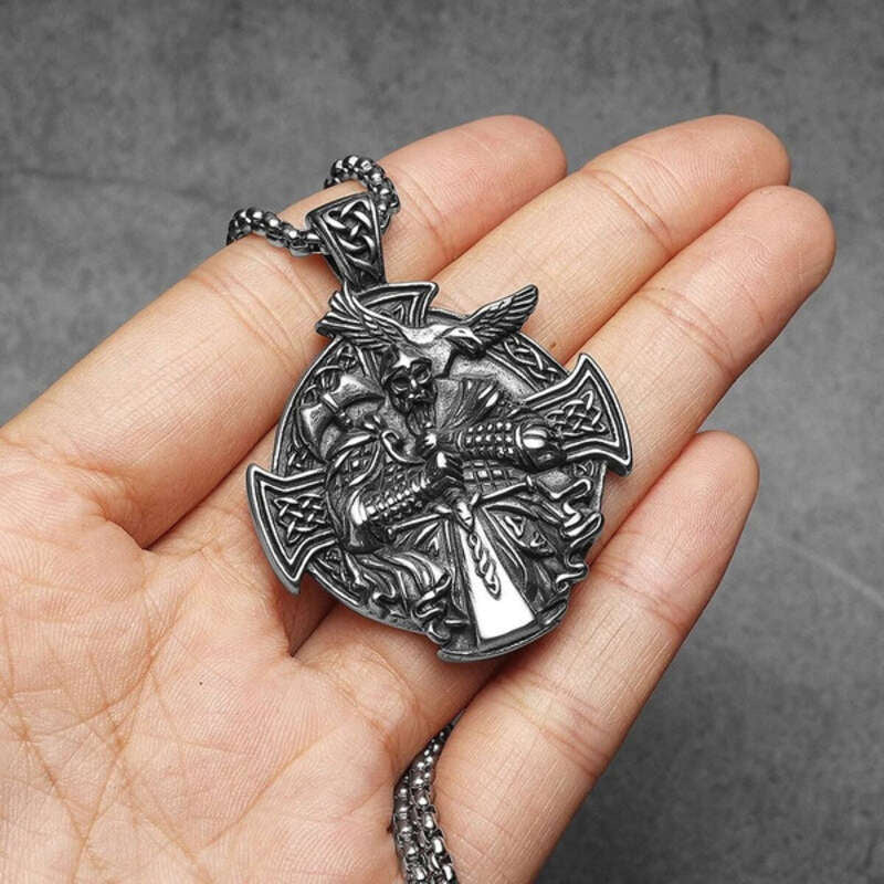 Viking Raven Warrior Cross Pendant Necklace – 316L Stainless Steel Norse Amulet