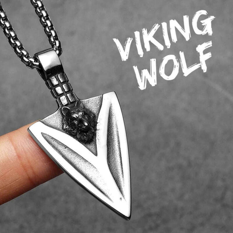 Wolf Head Arrowhead Pendant – Norse Stainless Steel Warrior Necklace N1510-60cm chain