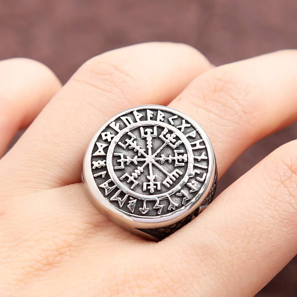 Vintage Viking Compass & Valknut Ring – 316L Stainless Steel Amulet Band