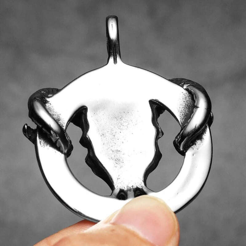 Viking Ram Skull Pendant Necklace – 316L Stainless Steel Norse Valknut Amulet with Runes