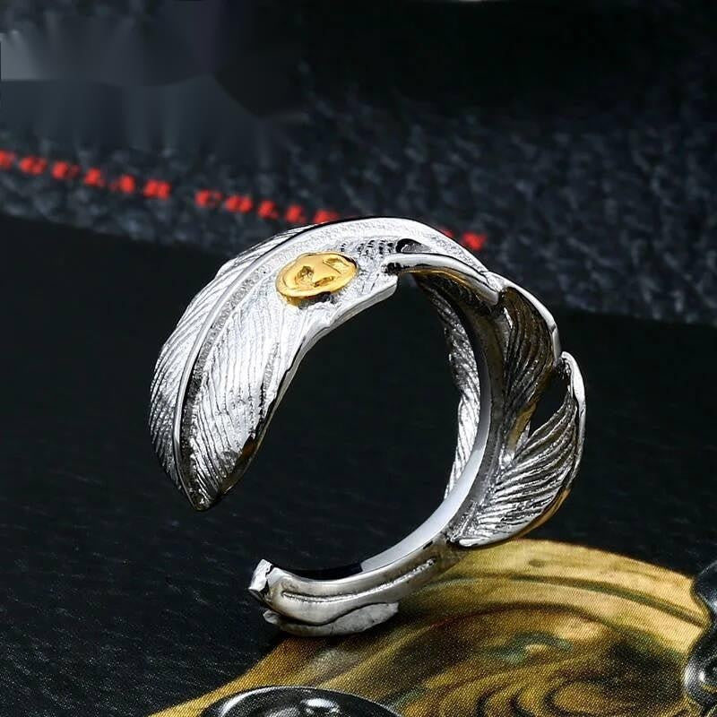 316L Stainless Steel Feather Ring Adjustable Nature Inspired Jewelry