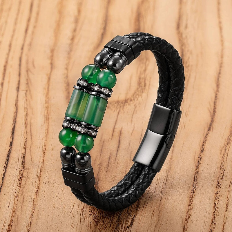 Black Braided Leather Bracelet with Green Jade Beads - Stylish Multi-Layer Magnetic Clasp Jewelry for Casual Wear and Gifts Agate-E