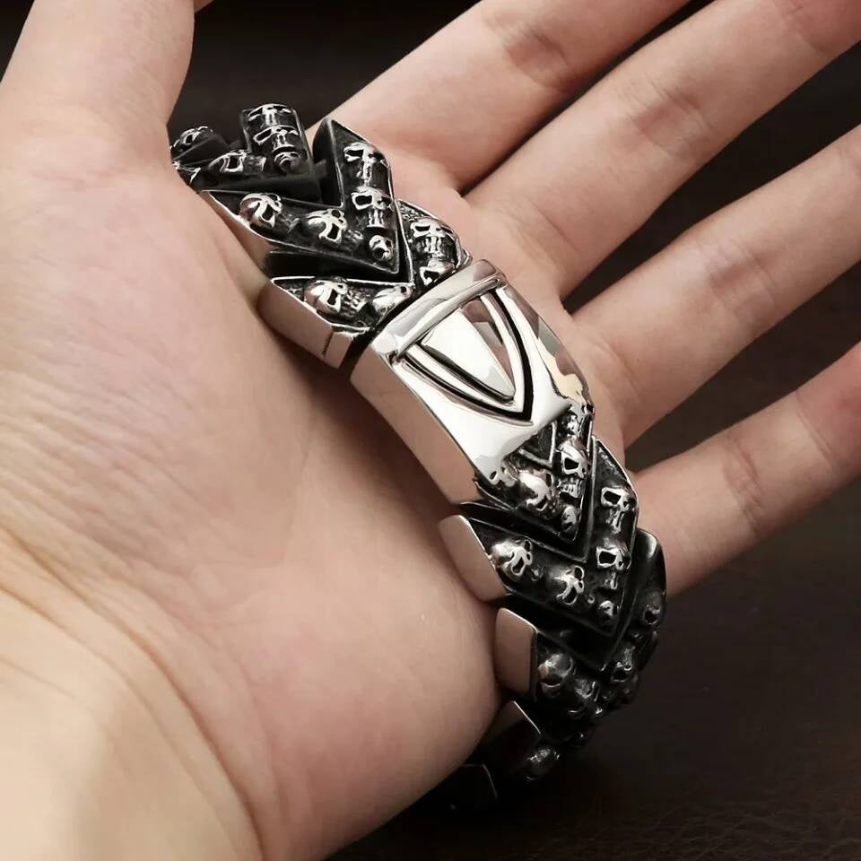 316L Stainless Steel Viking Skull Bracelet with Triquetra Symbol | Gothic Norse Jewelry