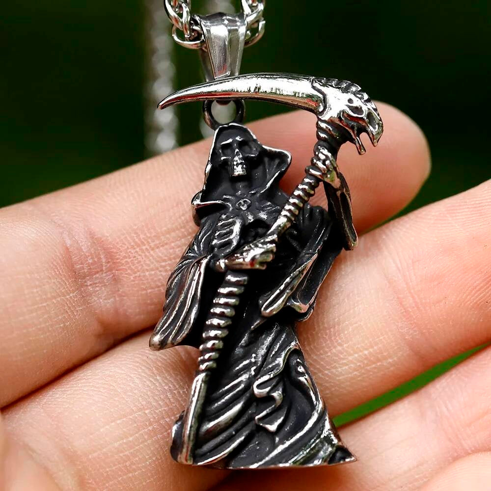 Grim Reaper Pendant Necklace – Stainless Steel Gothic Reaper with Scythe