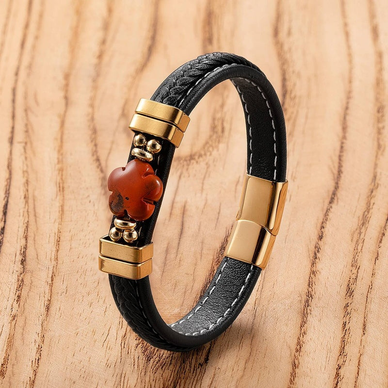 Black Braided Leather Bracelet with Green Jade Beads - Stylish Multi-Layer Magnetic Clasp Jewelry for Casual Wear and Gifts Gold-B