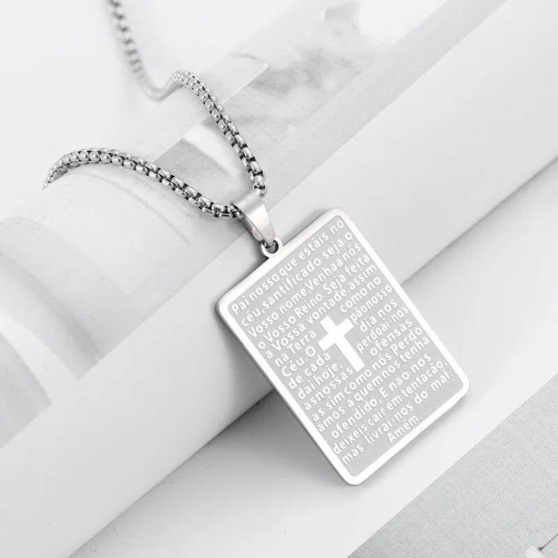 316L Stainless Steel Tag Pendant Cross Chain Necklace For Men Religious Accessories Silver 60cm